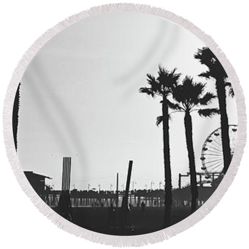 Panorama Round Beach Towel featuring the photograph Santa Monica Pier by Mountain Dreams
