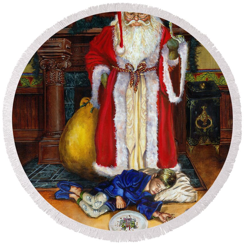 Christmas Round Beach Towel featuring the painting Santas Littlest Helper by Jeff Brimley