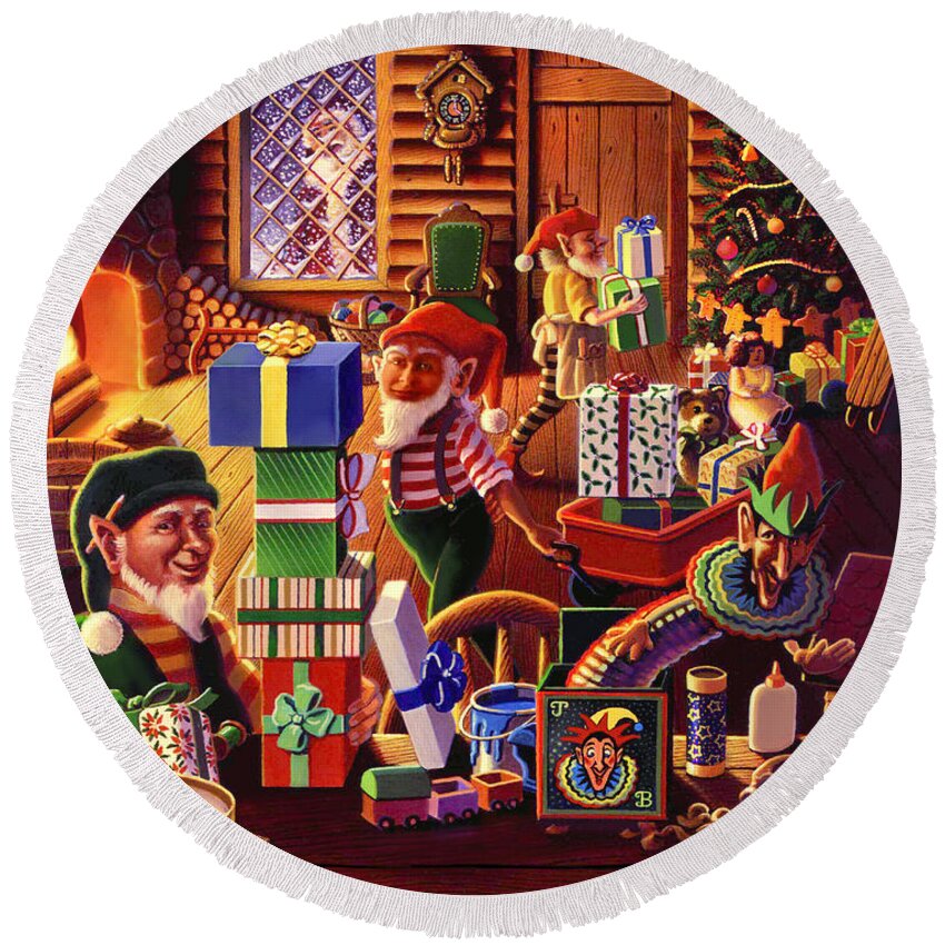 Santa's Workshop Round Beach Towel featuring the painting Santa's Workshop by Robin Moline