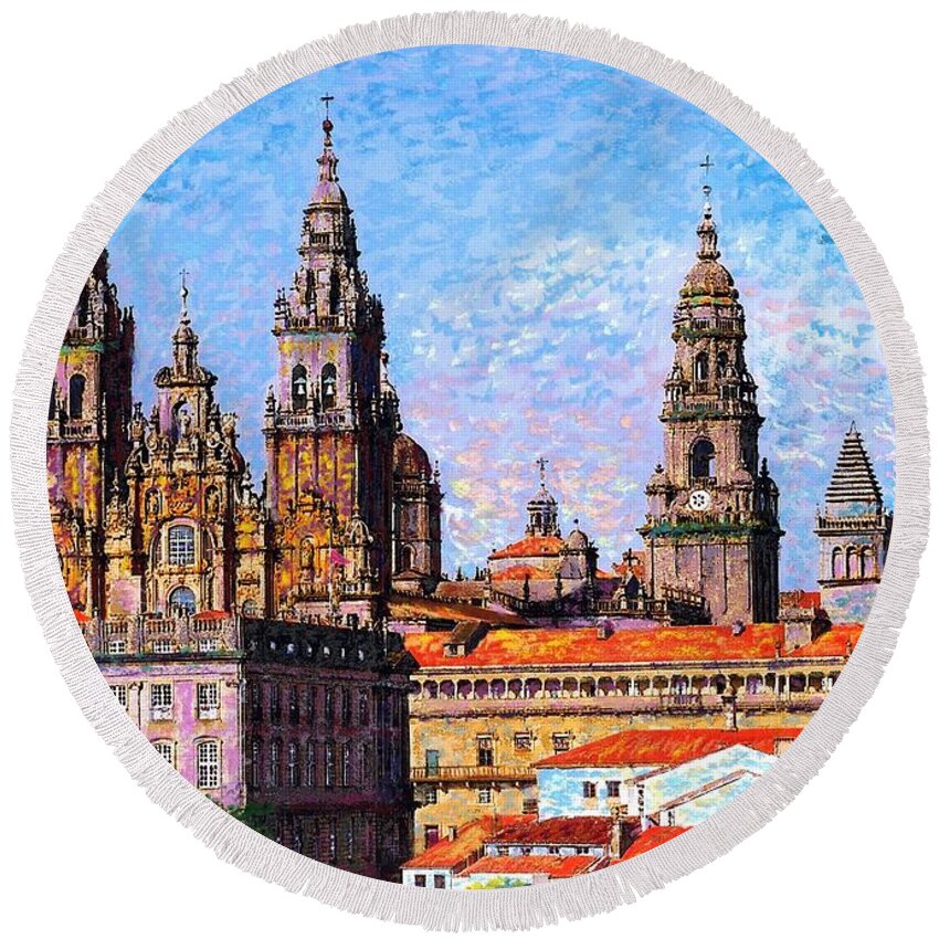 Spain Round Beach Towel featuring the painting Santiago de Compostela, cathedral, Spain by Jane Small