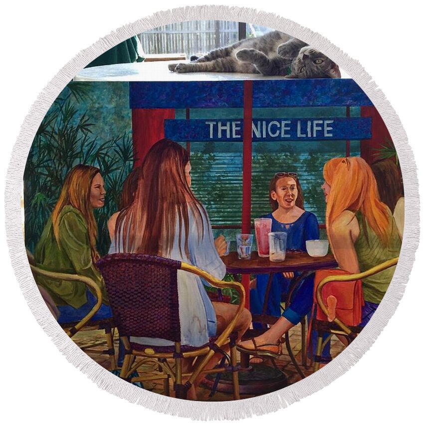 Cat Round Beach Towel featuring the painting Saphira and the Nice Life by AnnaJo Vahle
