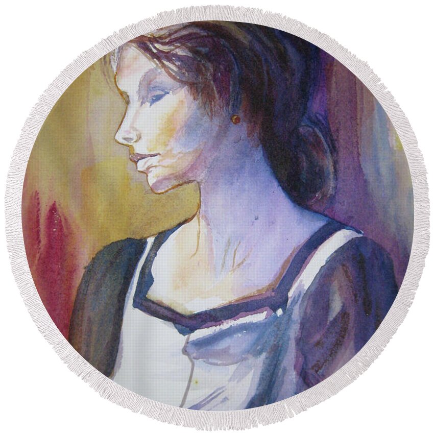 Woman Round Beach Towel featuring the painting Sarah Sees by Carole Johnson