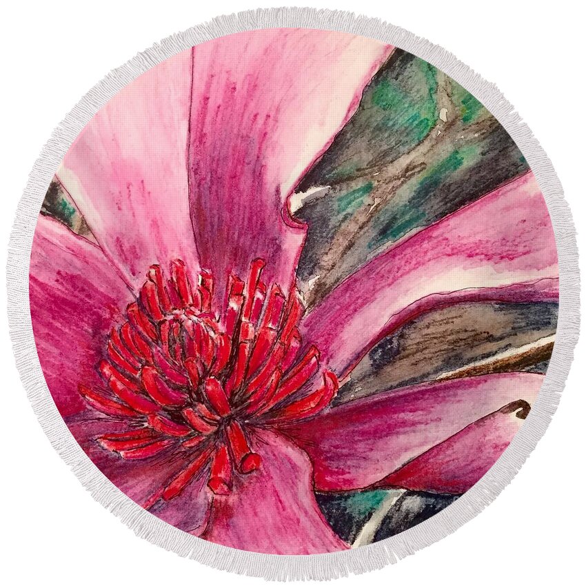 Macro Round Beach Towel featuring the drawing Saucy Magnolia by Vonda Lawson-Rosa