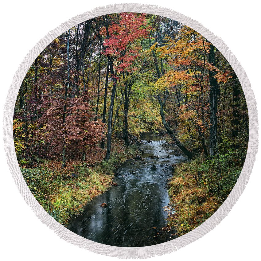 Savage Creek; Savage; Maryland; Autumn; Fall; Color; Creek; Stream; Travel; Places; Landscape Round Beach Towel featuring the photograph Savage Creek by Robert Fawcett