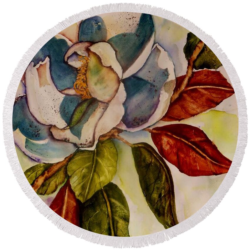 Magnolia Round Beach Towel featuring the painting Savannah Magnolia II by Lil Taylor