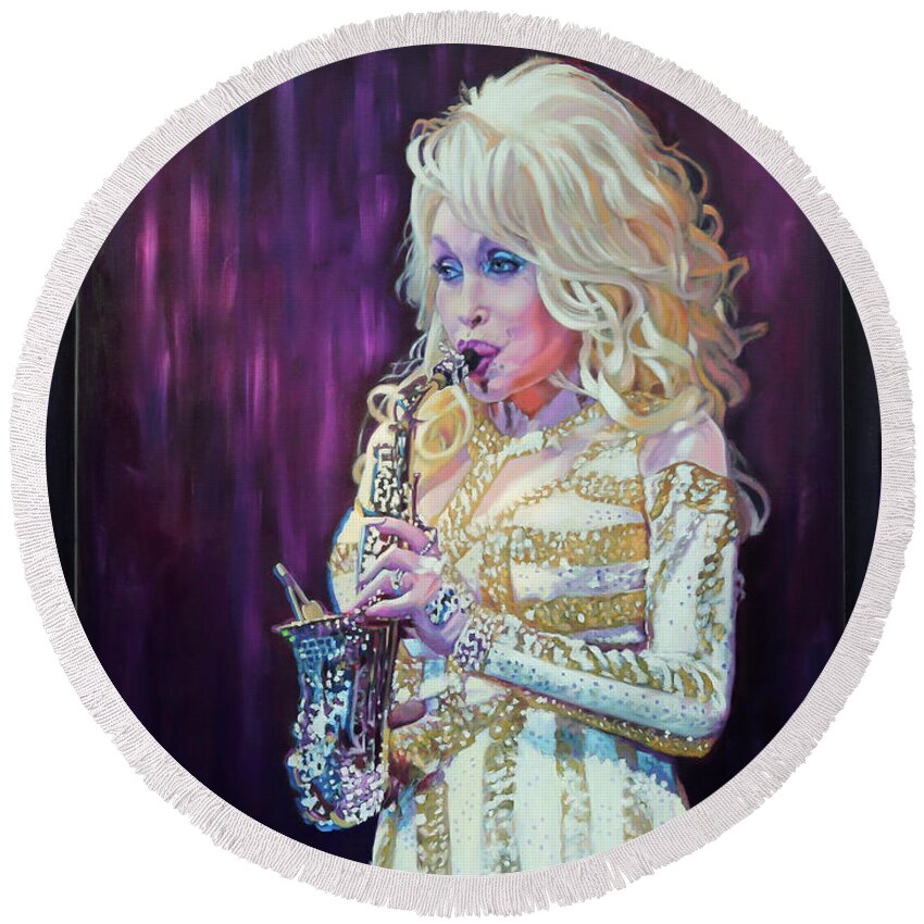 Dolly Parton Painting Round Beach Towel featuring the painting Saxy Dolly by Maria Modopoulos