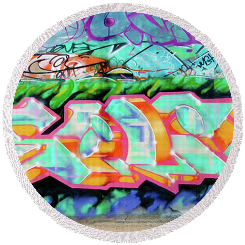 Graffiti Art Round Beach Towel featuring the photograph SCAPE, Screaming Creative and Positive Energy, Graffiti Art North 11th Street, San Jose 1990 by Kathy Anselmo