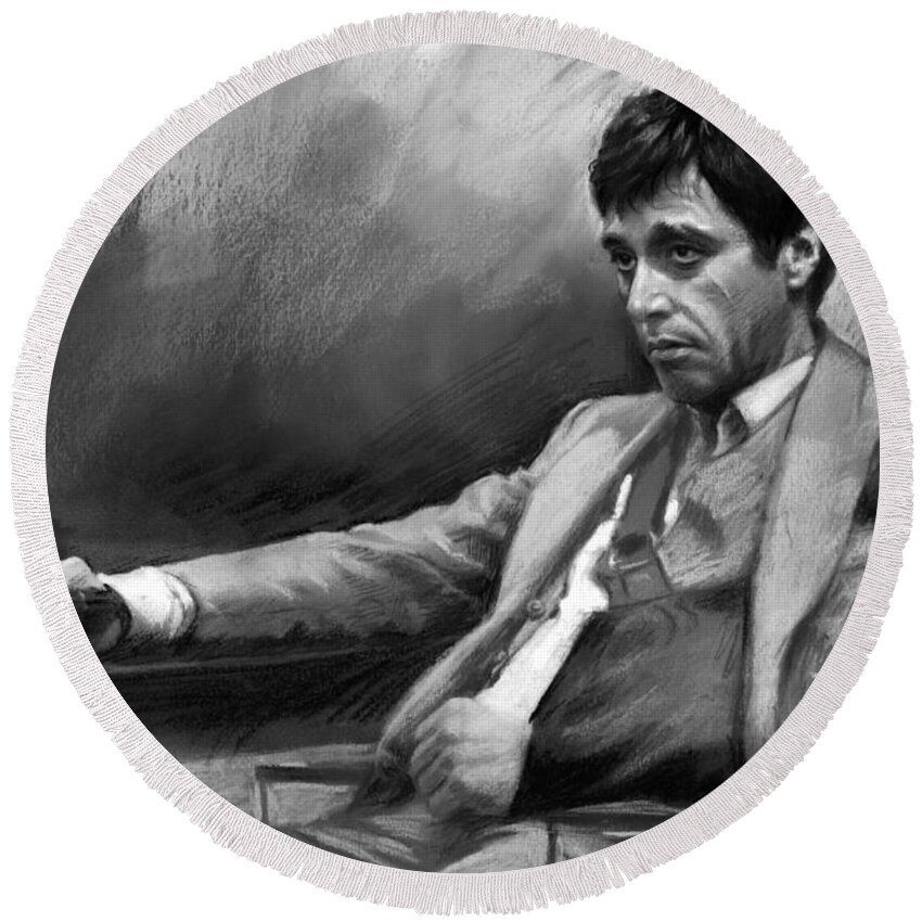 Al Pacino Round Beach Towel featuring the pastel Scarface 2 by Ylli Haruni
