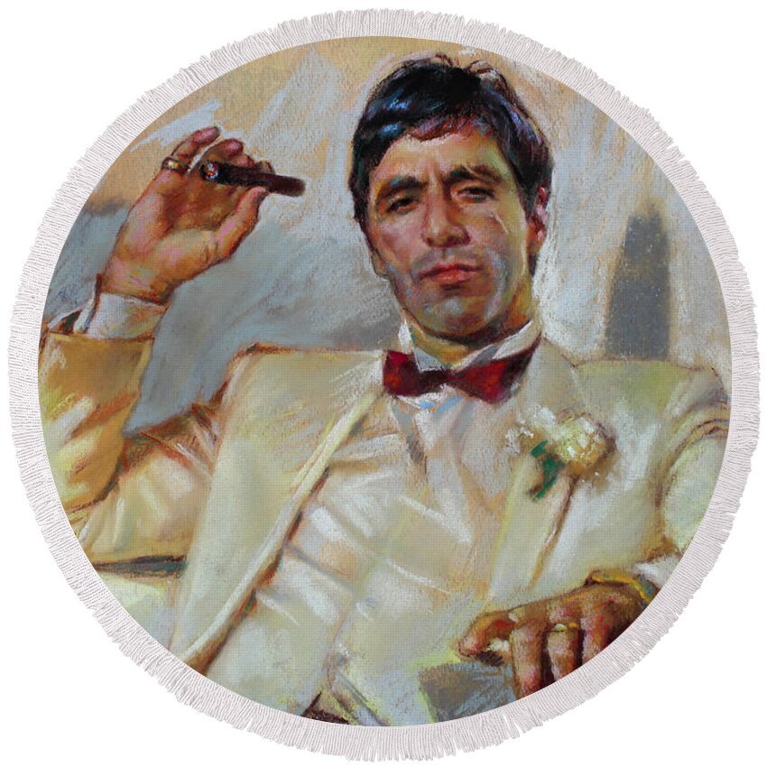 Scarface Round Beach Towel featuring the pastel Scarface by Ylli Haruni