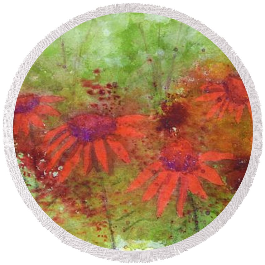  Round Beach Towel featuring the painting Scarlet Coneflowers by Barrie Stark