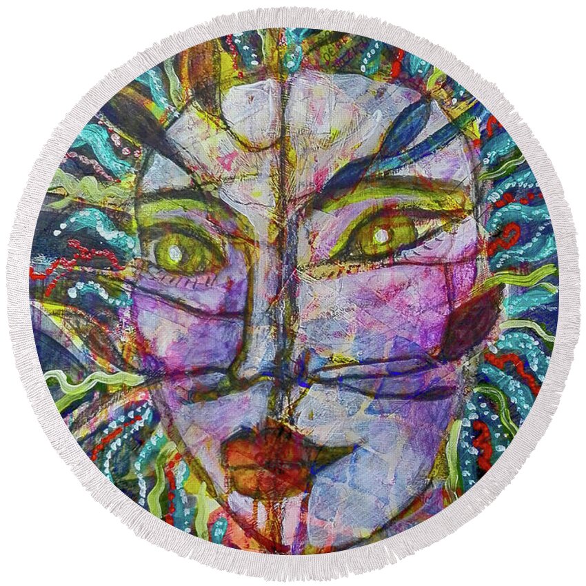 Warrior Round Beach Towel featuring the mixed media Scarred Beauty by Mimulux Patricia No