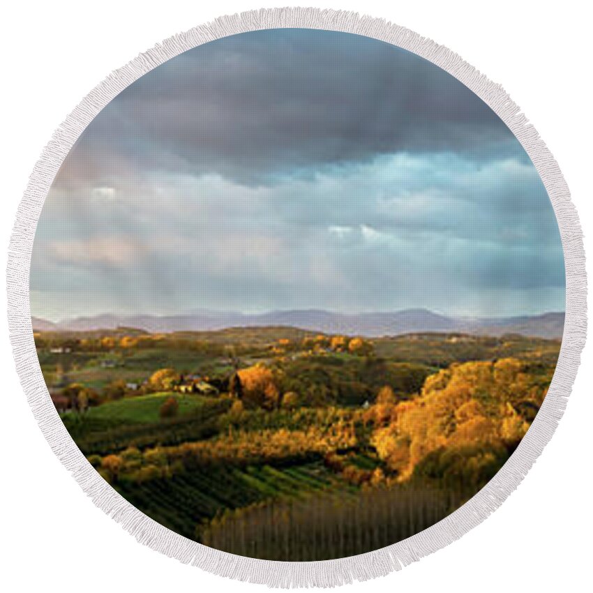 Landscape Round Beach Towel featuring the photograph Scenic Autumnal Landscape at Sunset in Austria by Andreas Berthold