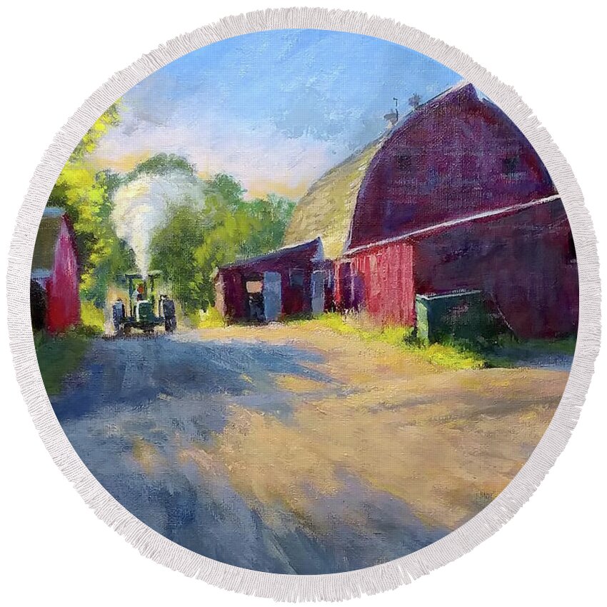 Landscape Round Beach Towel featuring the painting Schober's Barn at Sunset by Peter Salwen