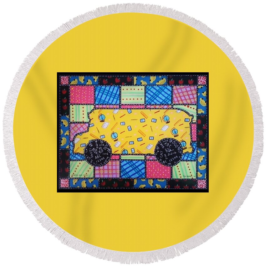 Bus Round Beach Towel featuring the painting School Bus Quilt by Jim Harris