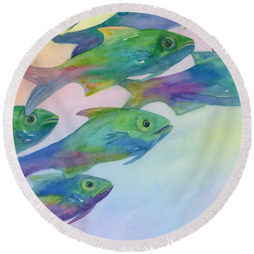 Fish Round Beach Towel featuring the painting School's Out by Amy Kirkpatrick