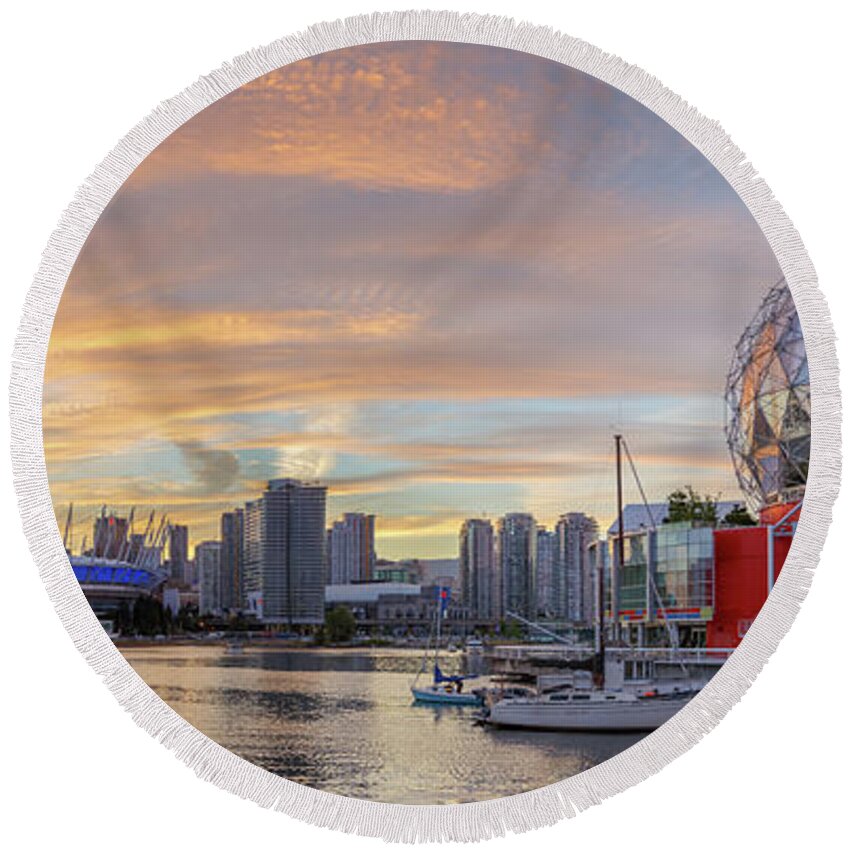 Canada Round Beach Towel featuring the photograph Science World and BC Place Stadium at Sunset. Vancouver, BC by Rick Deacon