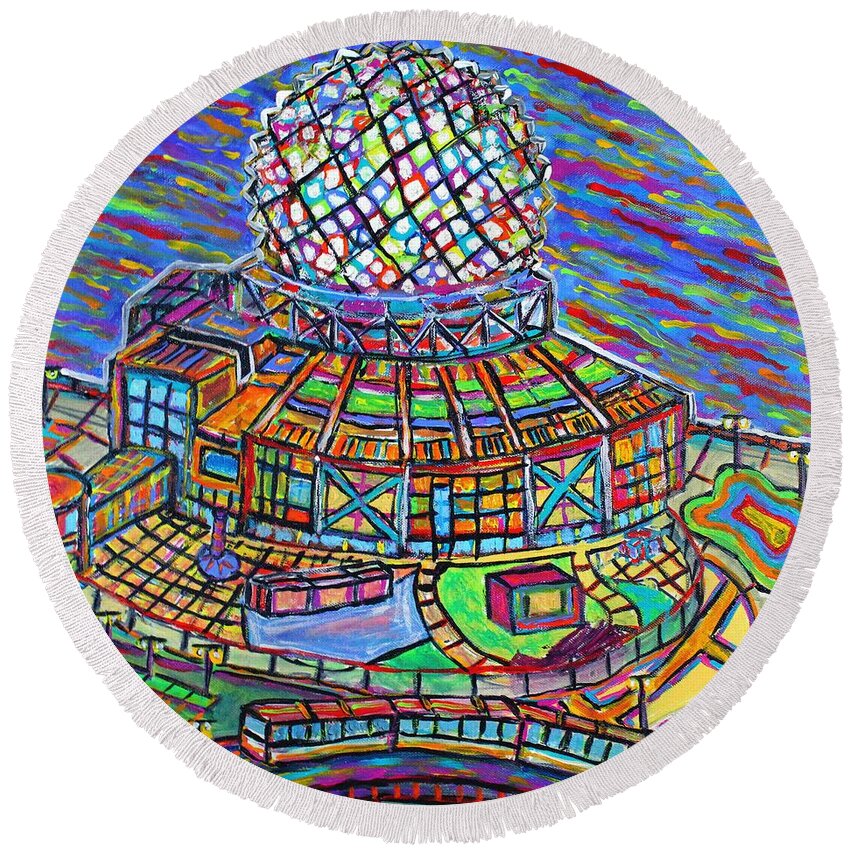 Science Round Beach Towel featuring the painting Science World, Vancouver, Alive In Color by Jeremy Aiyadurai