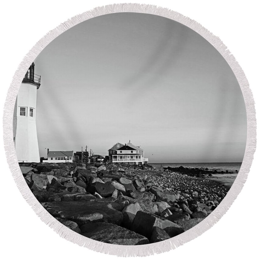 Scituate Round Beach Towel featuring the photograph Scituate Lighthouse Scituate Massachusetts South Shore at Sunrise Rocks Black and White by Toby McGuire