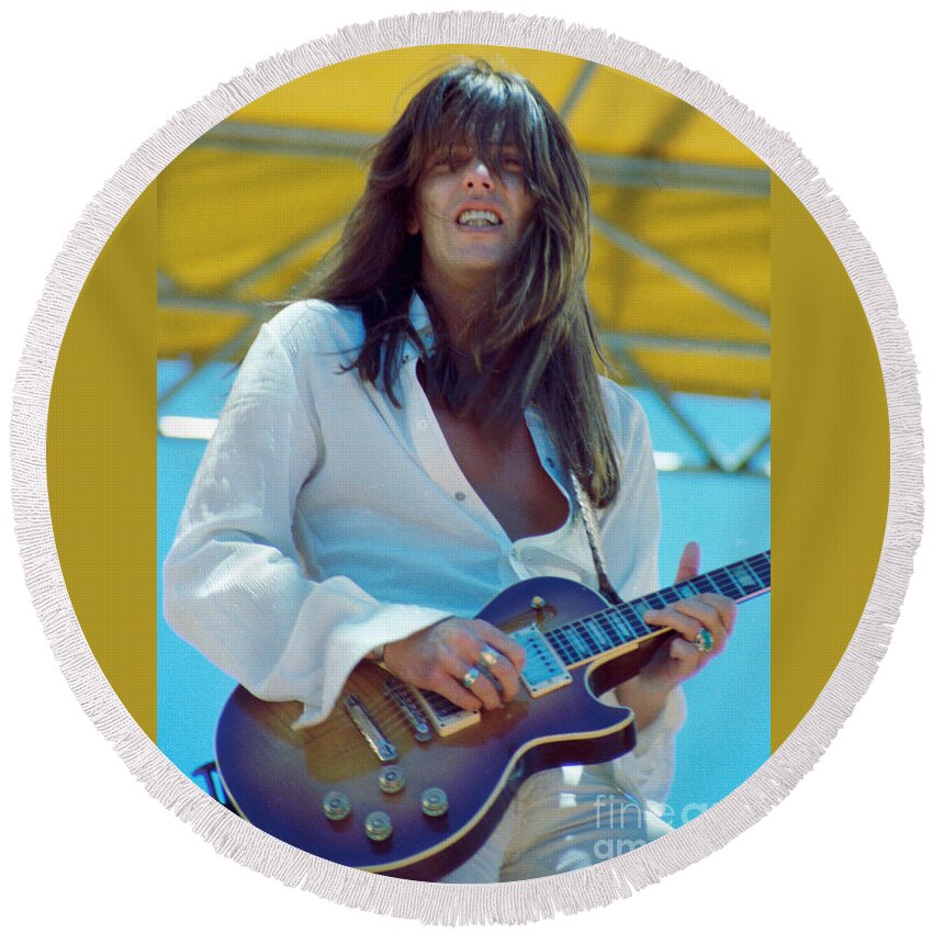 Scott Gorham Round Beach Towel featuring the photograph Scott Gorham of Thin Lizzy Black Rose tour at Day on the Green 4th of July 1979 - 1st Color Release by Daniel Larsen