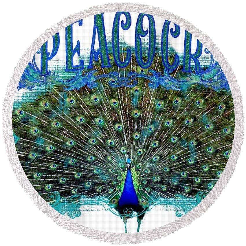 Peacock Round Beach Towel featuring the painting Scroll Swirl Art Deco Nouveau Peacock w Tail Feathers Spread by Audrey Jeanne Roberts