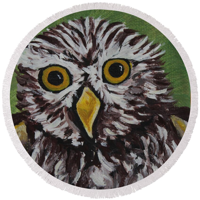 Scruffy Owl By Annette M Stevenson Round Beach Towel featuring the painting Scruffy Owl by Annette M Stevenson