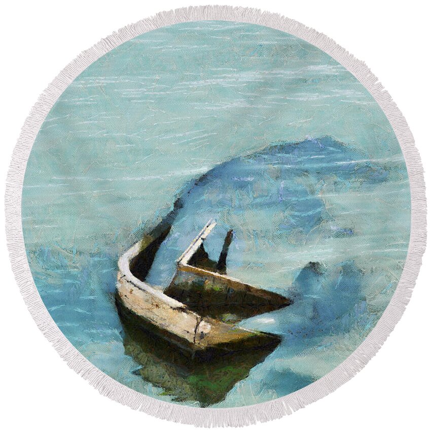 Painting Round Beach Towel featuring the painting Sea and boat by Dimitar Hristov