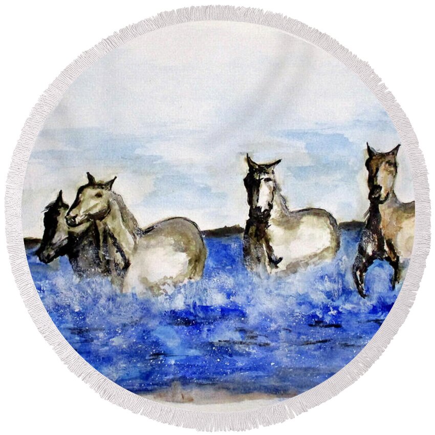 Clyde J. Kell Round Beach Towel featuring the painting Sea Horses by Clyde J Kell
