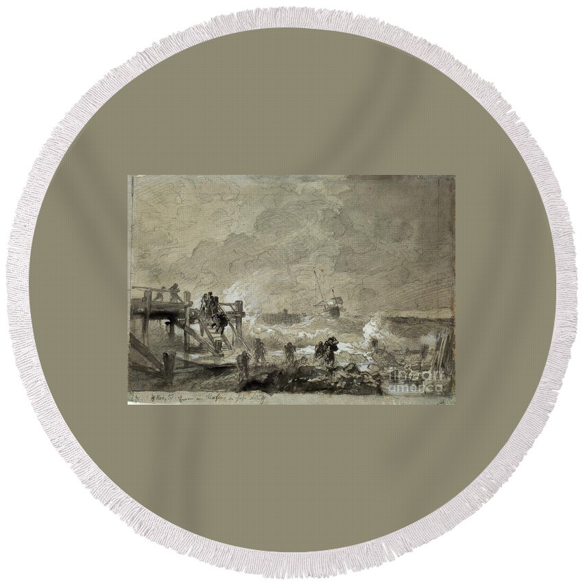 Andreas Achenbach Round Beach Towel featuring the painting Sea Landscape With Footbridge by MotionAge Designs