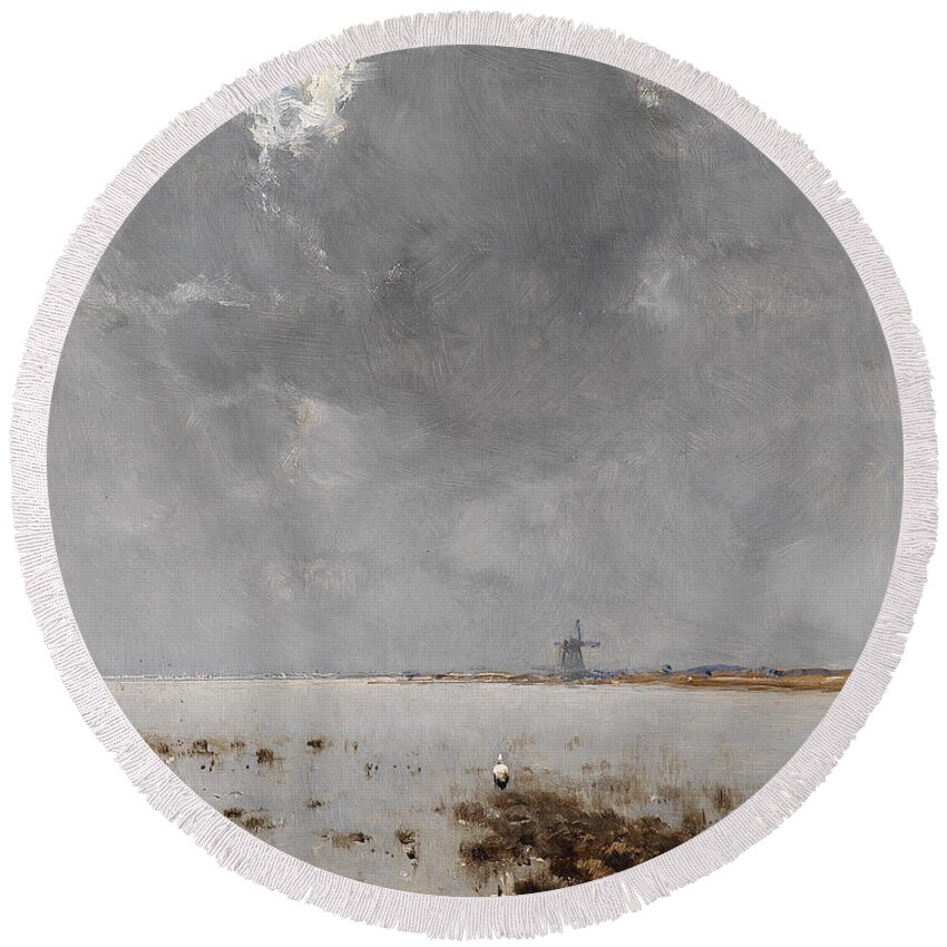 Bela Von Spanyi Round Beach Towel featuring the painting Sea Landscape with Mill in Background by Bela von Spanyi