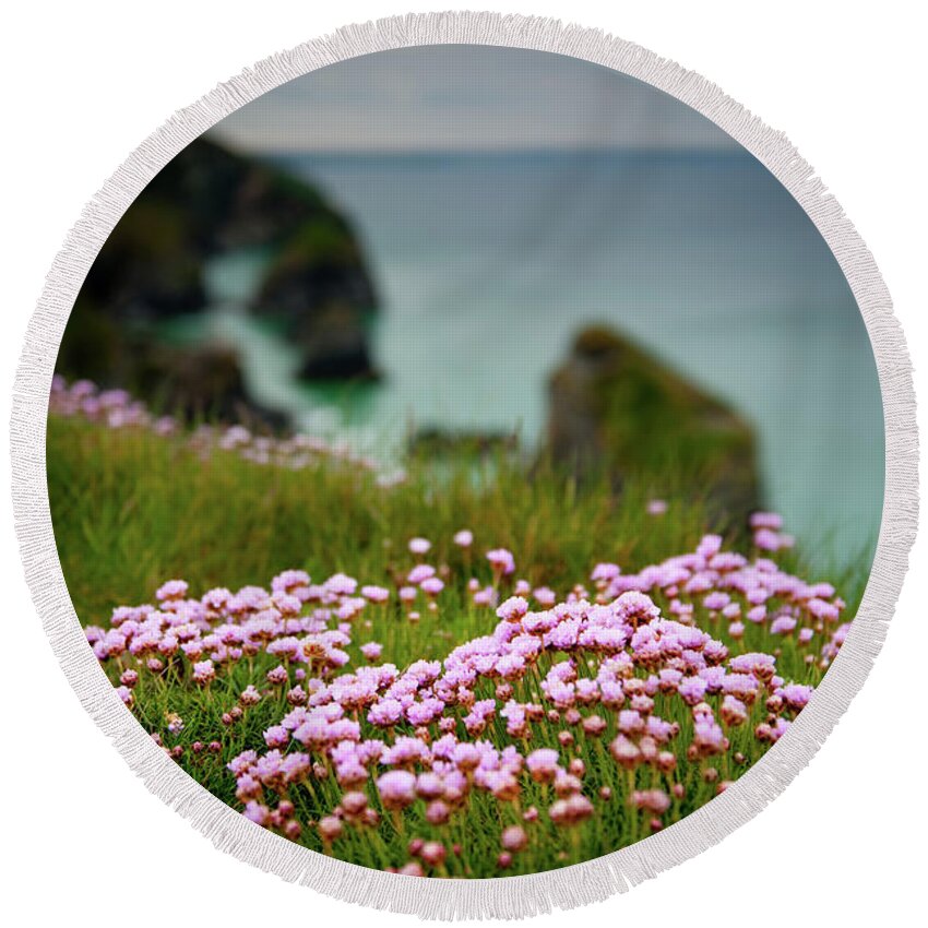 Cornwall Round Beach Towel featuring the photograph Sea Pinks on a Cornish Cliff iii by Helen Jackson