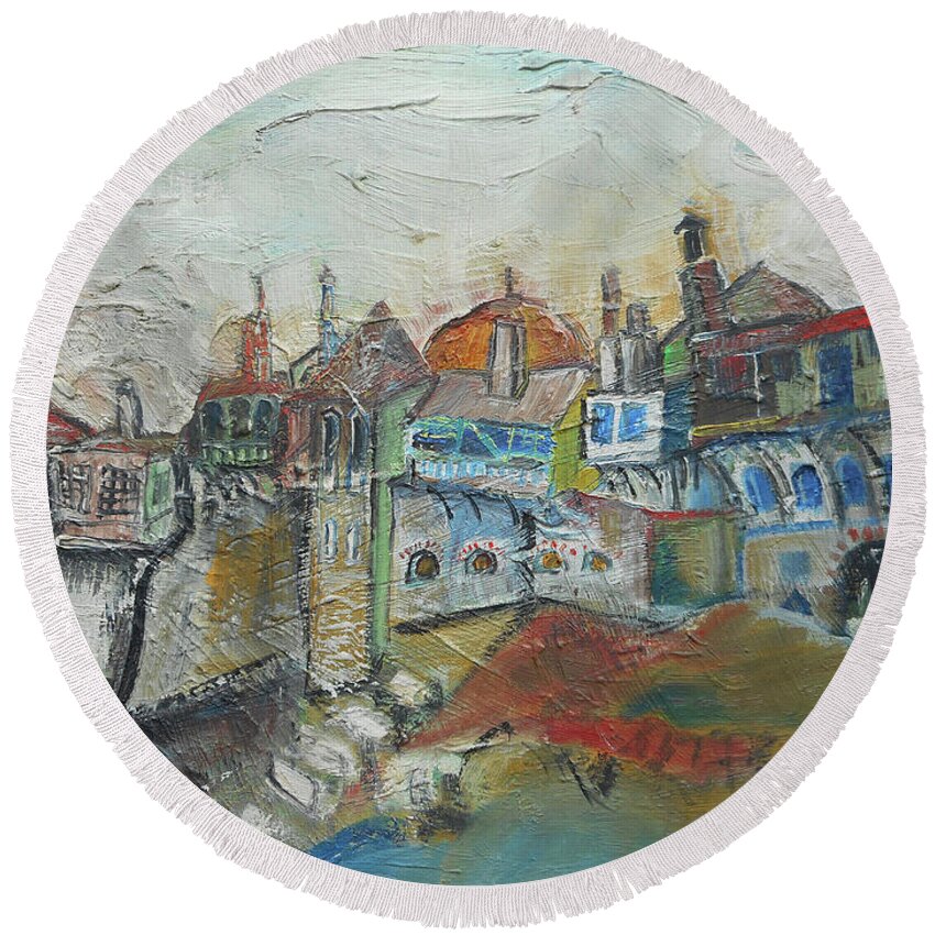 One Of My Very First Oil Paintings At Age 14: The Sea Has Always Been My Favorite Theme As I Have Always Lived Next To It Since My Childhood! Round Beach Towel featuring the painting Sea Shore Village by Katerina Stamatelos