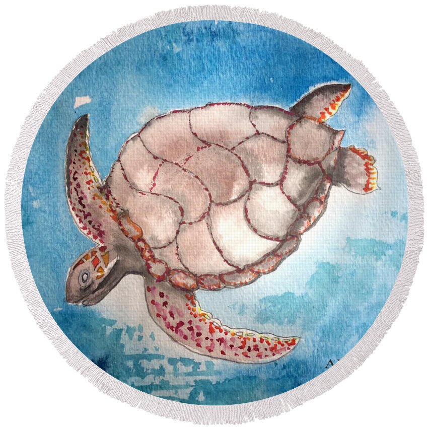 Sea Turtle Round Beach Towel featuring the painting Sea Turtle by AHONU Aingeal Rose