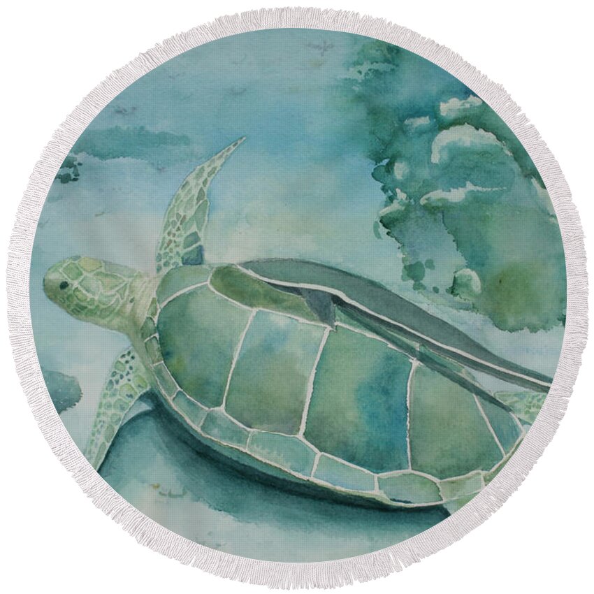 Turtle Round Beach Towel featuring the painting Sea Turtle and Friend by Mary Benke