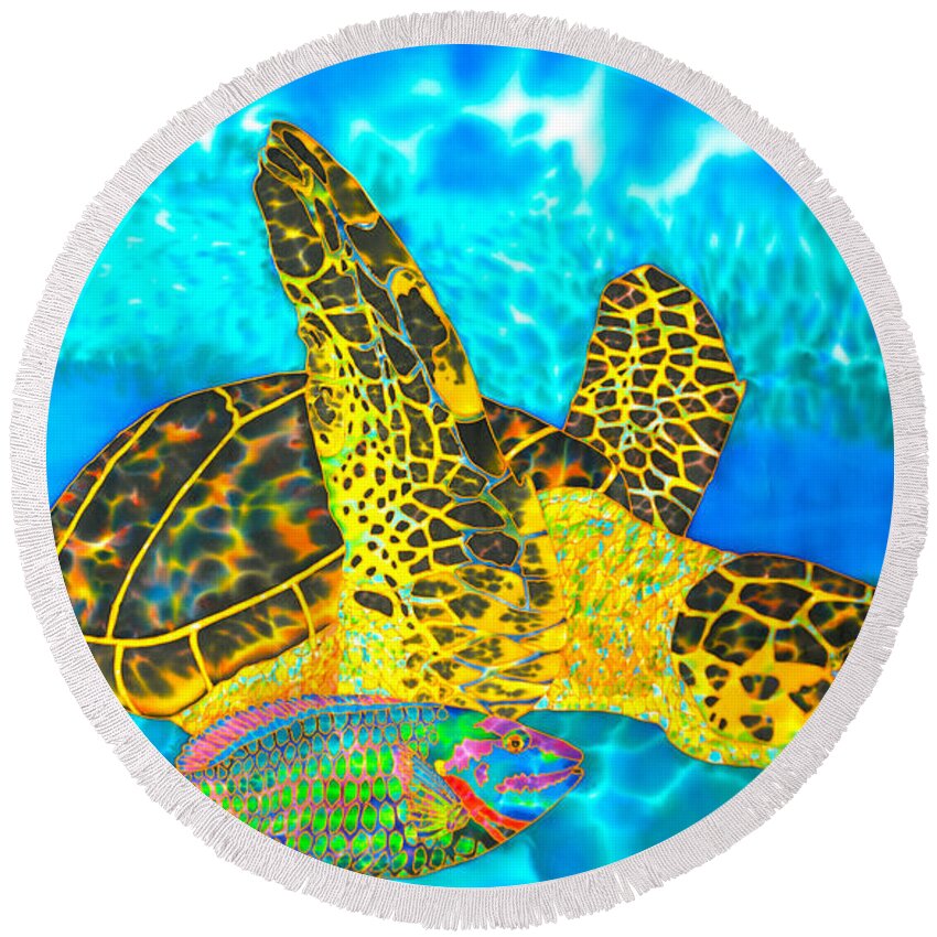 Turtle Round Beach Towel featuring the painting Sea Turtle and Parrotfish by Daniel Jean-Baptiste