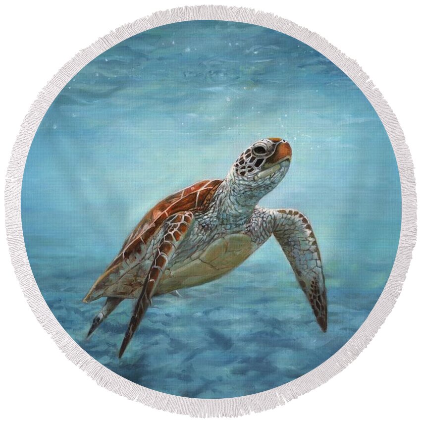 Sea Turtle Round Beach Towel featuring the painting Sea Turtle by David Stribbling