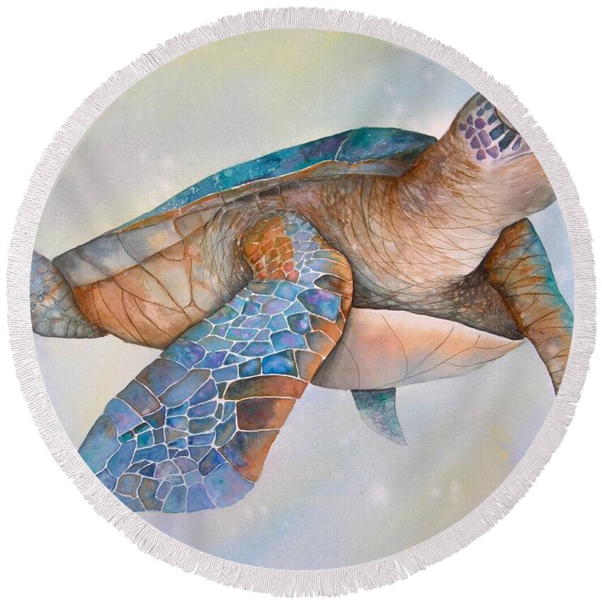 Sea Turtle Round Beach Towel featuring the painting Sea Turtle- Twilight Swim by Midge Pippel