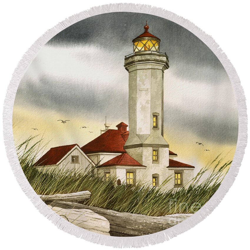 Lighthouse Fine Art Print Round Beach Towel featuring the painting Seafarers Sentinel by James Williamson