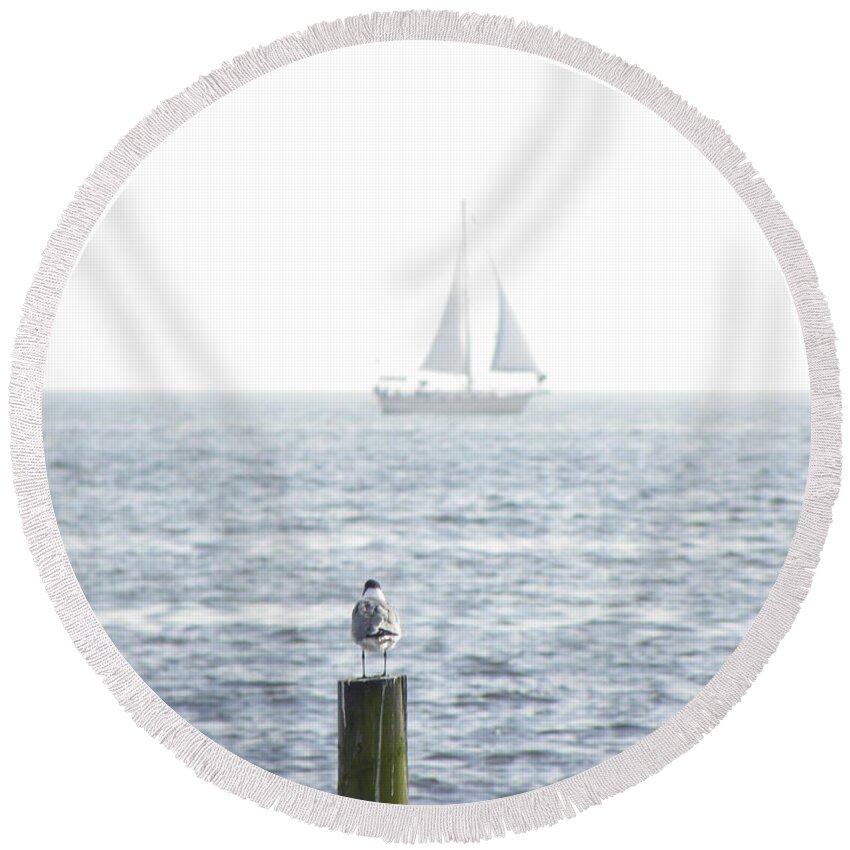 Seagull Round Beach Towel featuring the photograph Seagull and Sailboat by Kimberly Owens