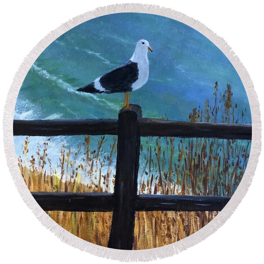 Gull Round Beach Towel featuring the painting Seagull on the Fence by Jessie Lofland