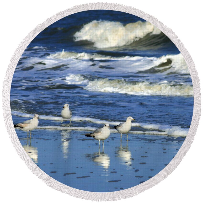  Round Beach Towel featuring the photograph Seagulls in the Tide by Angela Rath