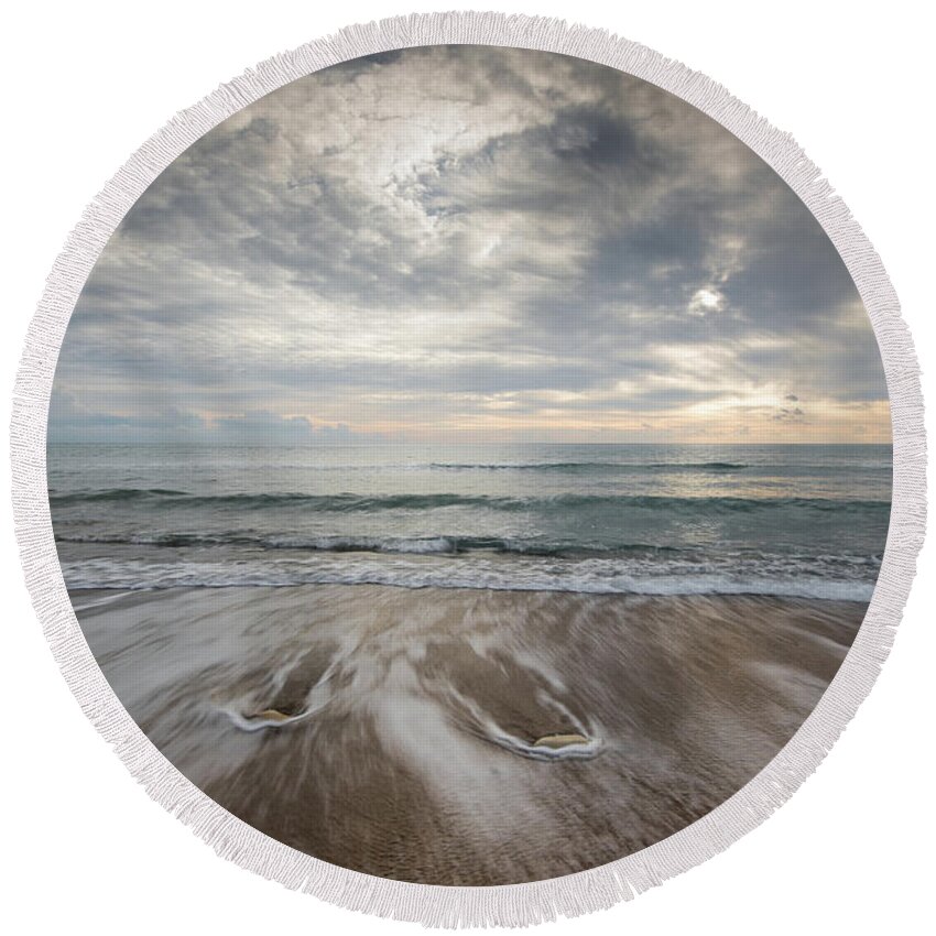 Coastline Round Beach Towel featuring the photograph Seahore with pebbles and stormy sky by Michalakis Ppalis