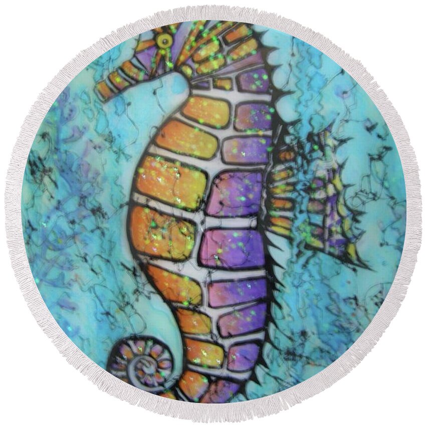 Turquoise Round Beach Towel featuring the painting Seahorse Downunder by Midge Pippel