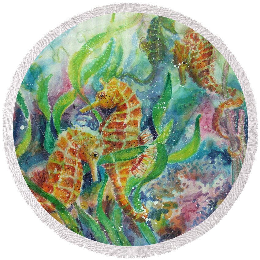 Seahorse Round Beach Towel featuring the painting Seahorses Three by Deborah Younglao