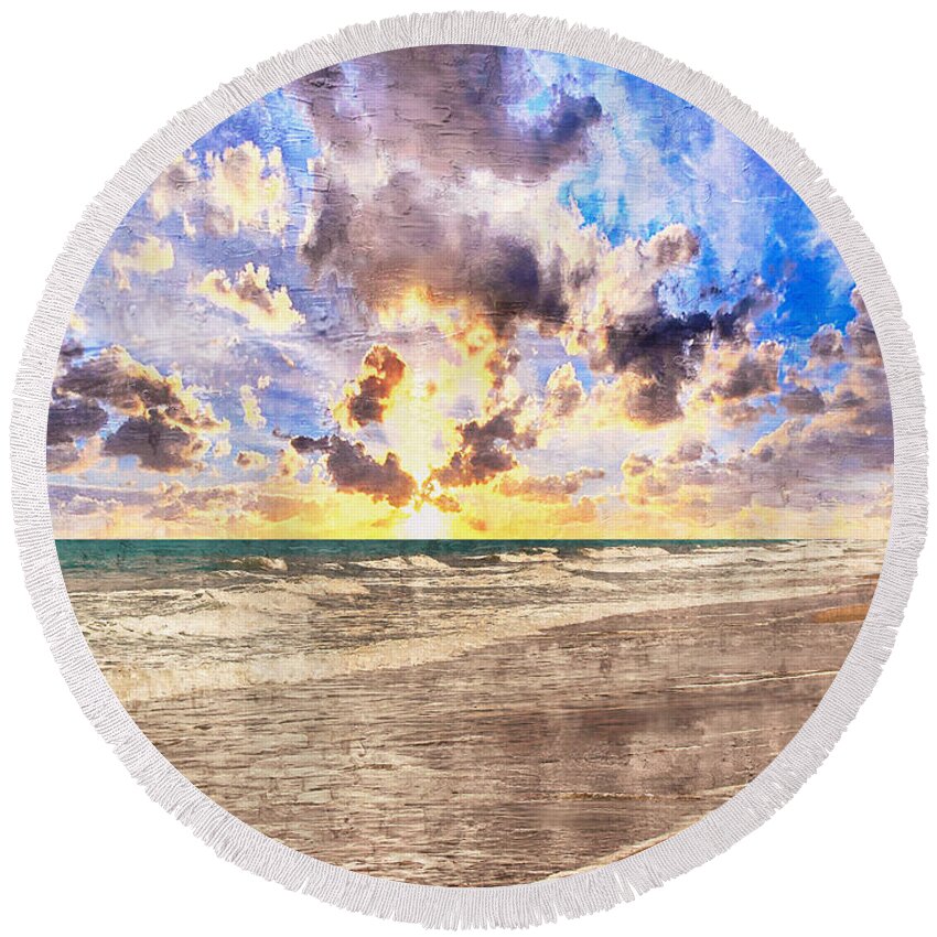 Aqua Round Beach Towel featuring the painting Seascape Sunset Impressionist Digital Painting B7 by Ricardos Creations