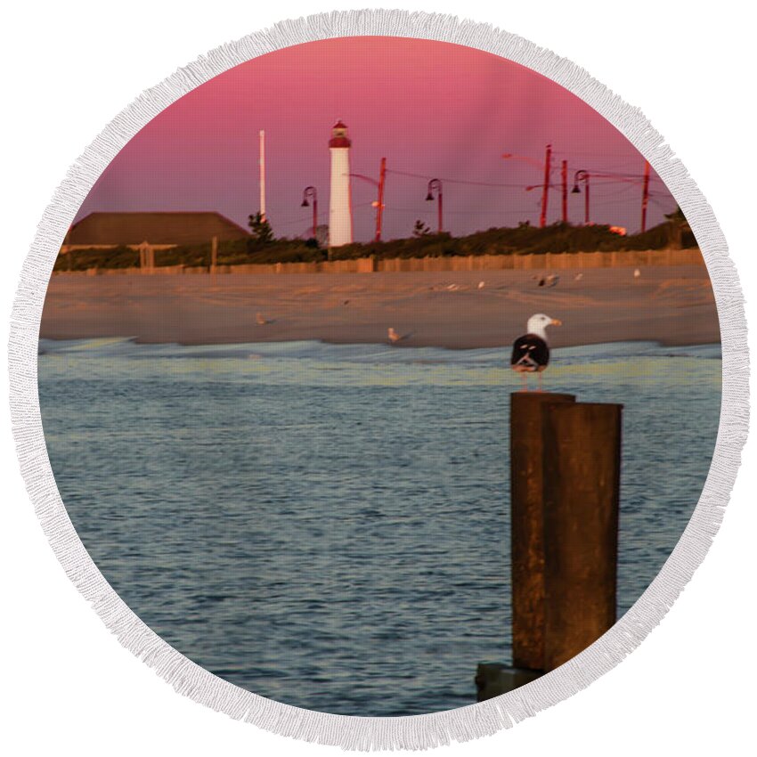 Seascape Round Beach Towel featuring the photograph Seascape - The Lighthouse at Cape May by Bill Cannon