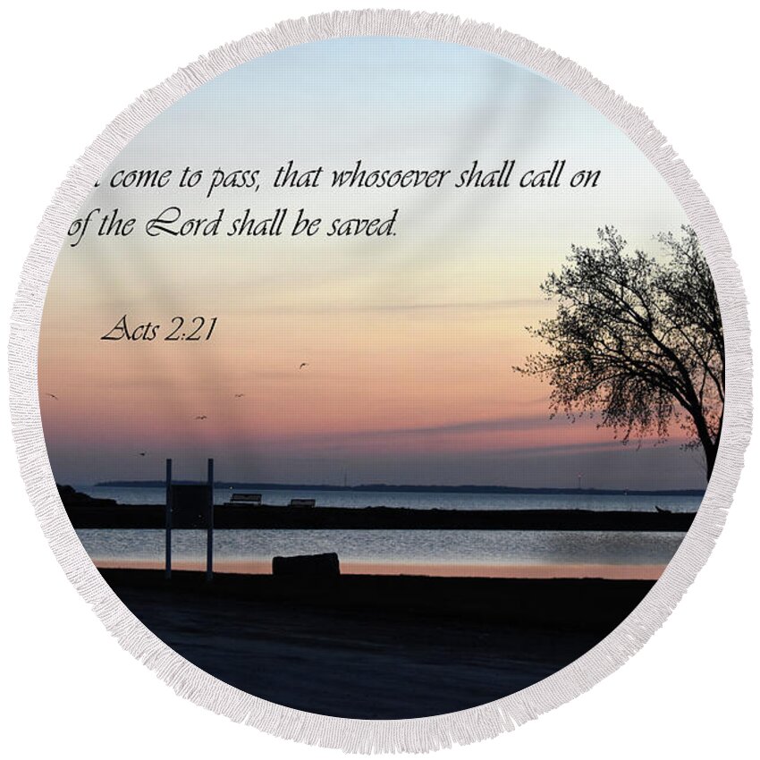 Acts 2:21 Round Beach Towel featuring the photograph Seascape with Scripture by Ann Bridges