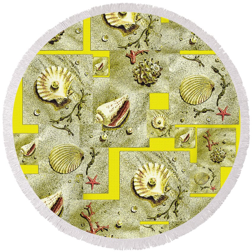 Lemon Yellow Round Beach Towel featuring the painting Seashells On Lemon Yellow by Irina Sztukowski