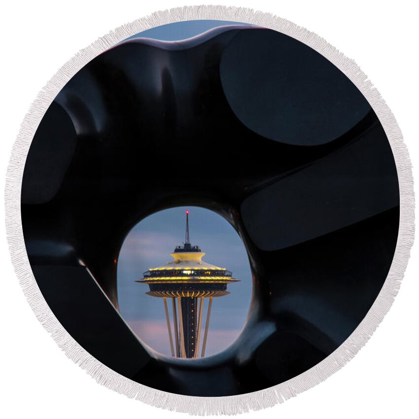 Seattle Round Beach Towel featuring the photograph Seattle Black Sun and Space Needle by Matt McDonald