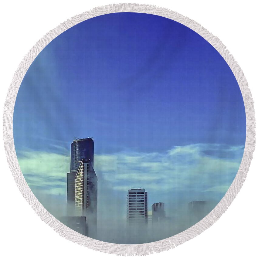 Blue Round Beach Towel featuring the photograph Seattle Fog Scape by Kathryn Alexander MA