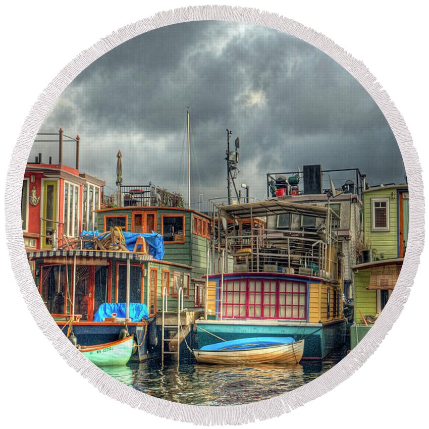 Seattle Round Beach Towel featuring the photograph Seattle Houseboats Fine Art Photograph by Greg Sigrist